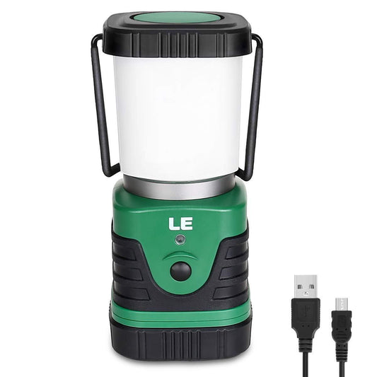 Green and black USB-rechargeable LED camping lantern with carry handles, ideal for van life and outdoor adventures