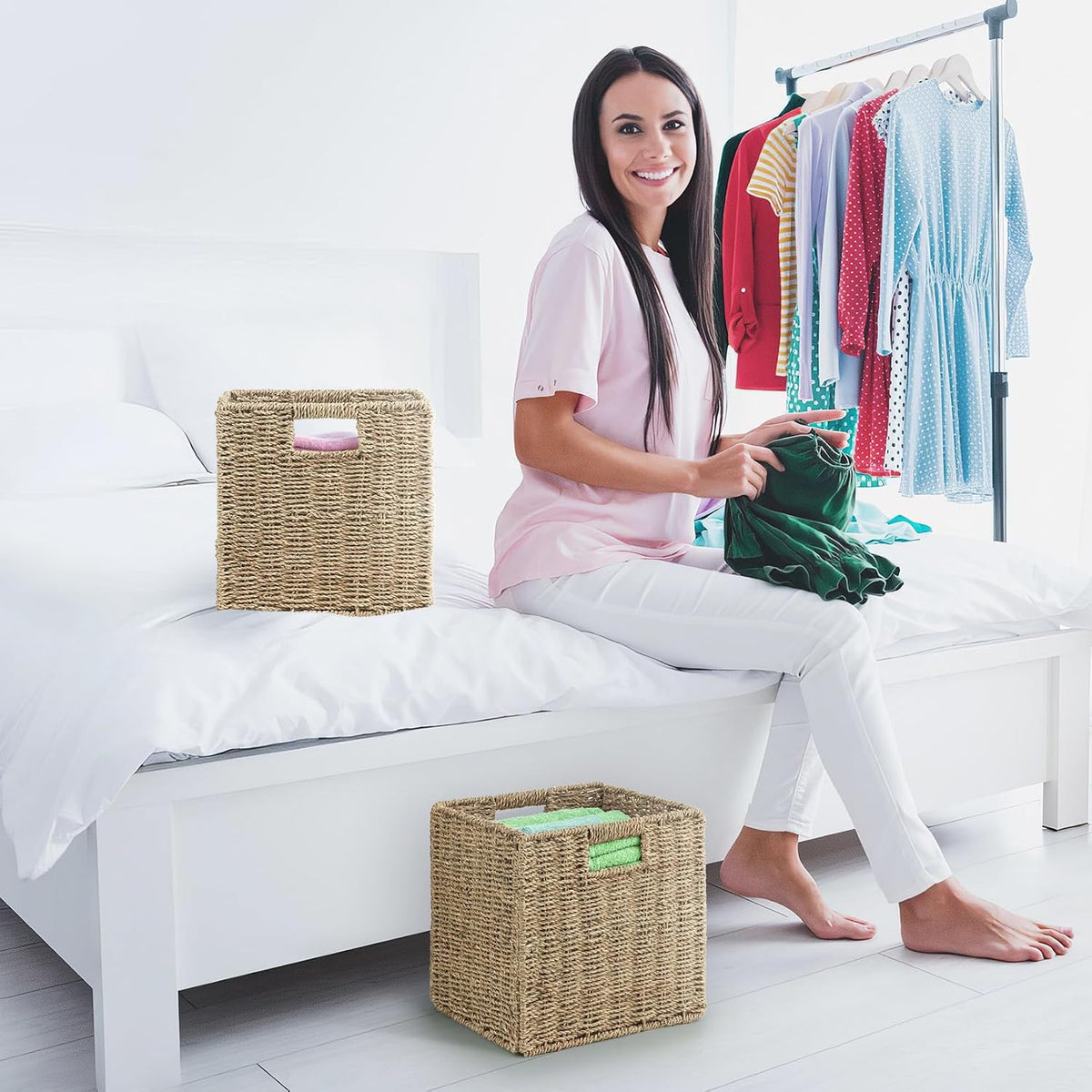 Foldable Seagrass Storage Cubes – Set of 2 – basket holding folded clothes
