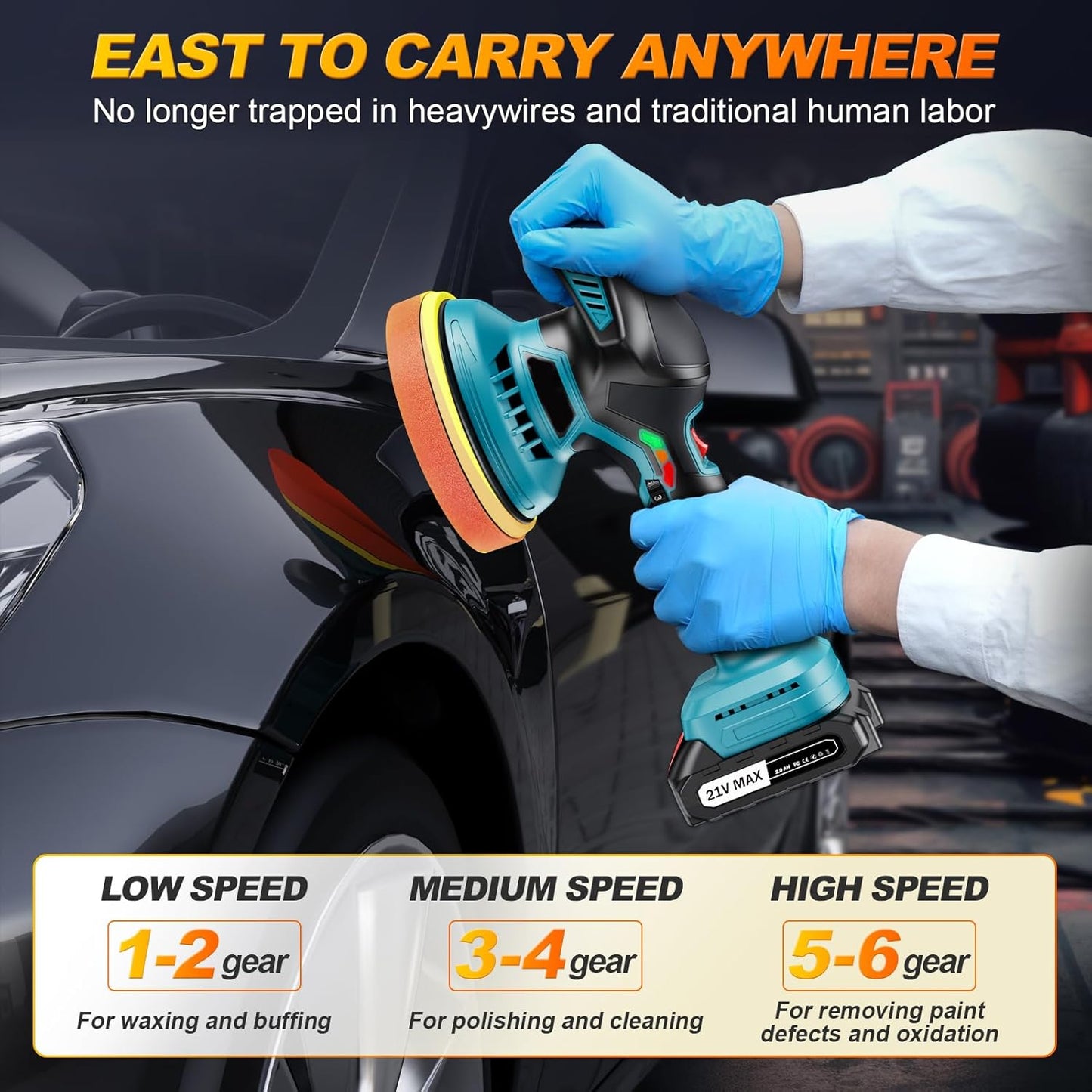 Portable 21V cordless car polisher with 6-speed settings for waxing, polishing, and paint correction