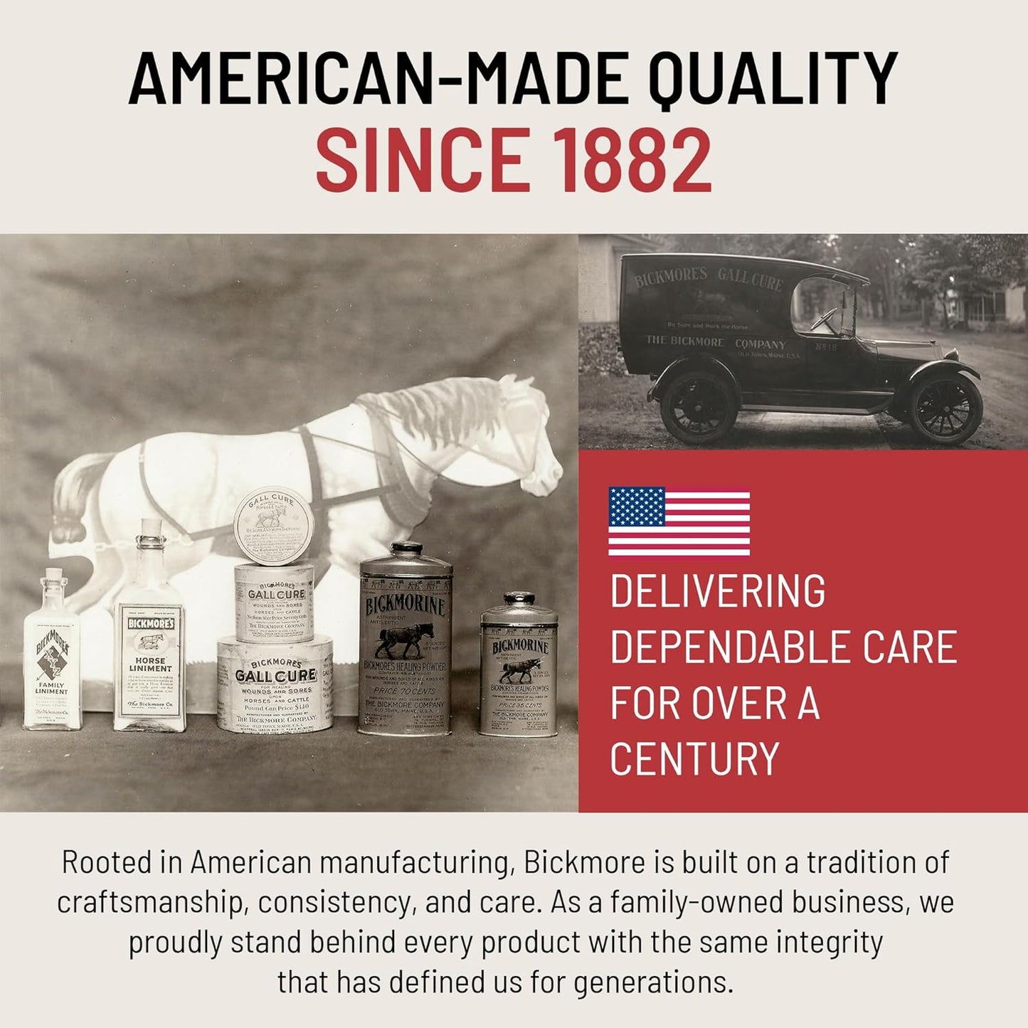 American-made Bickmore horse care products since 1882, vintage bottles & delivery truck