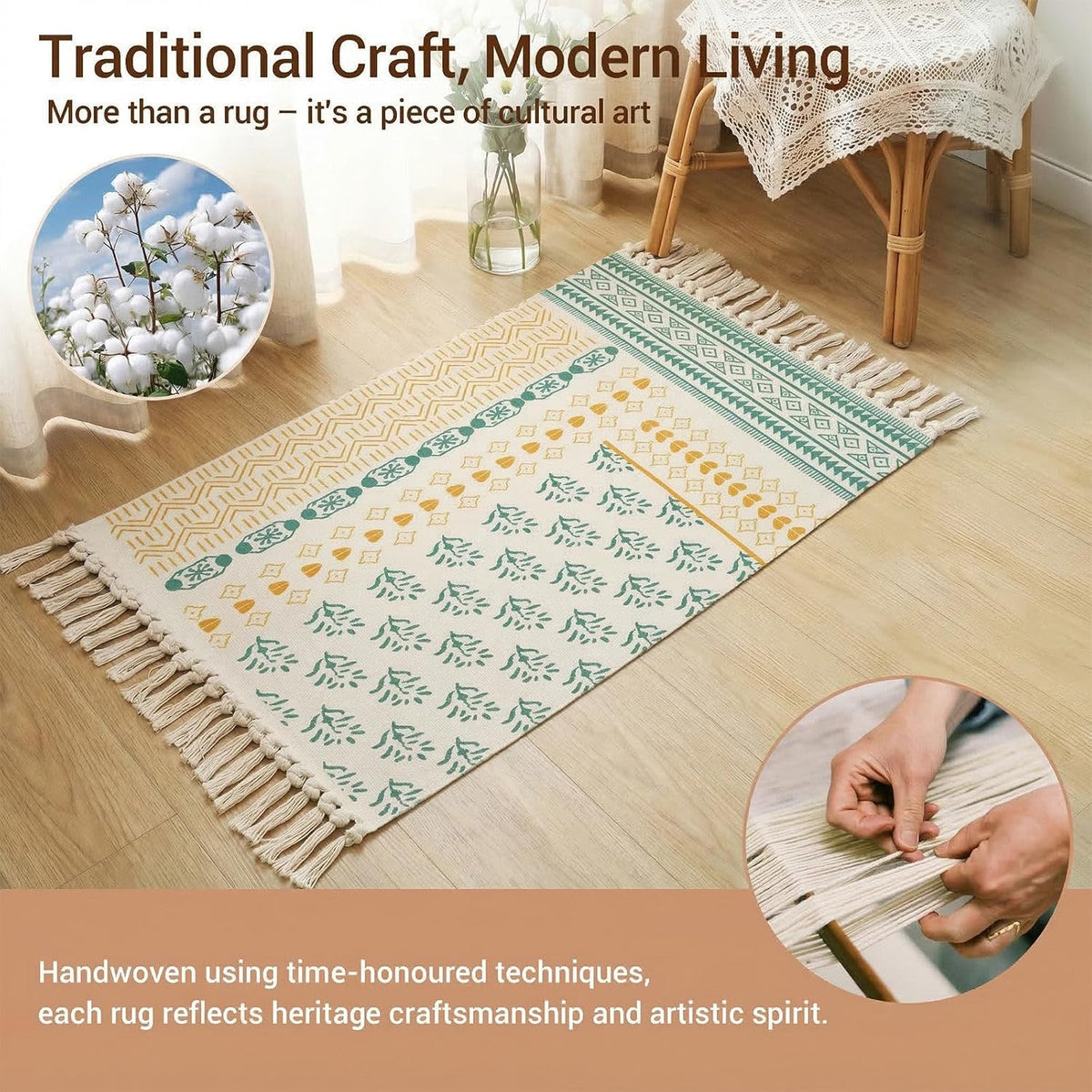 Boho Cotton-Blend Tassel Rug – 58 × 88cm – rug styled beside a chair