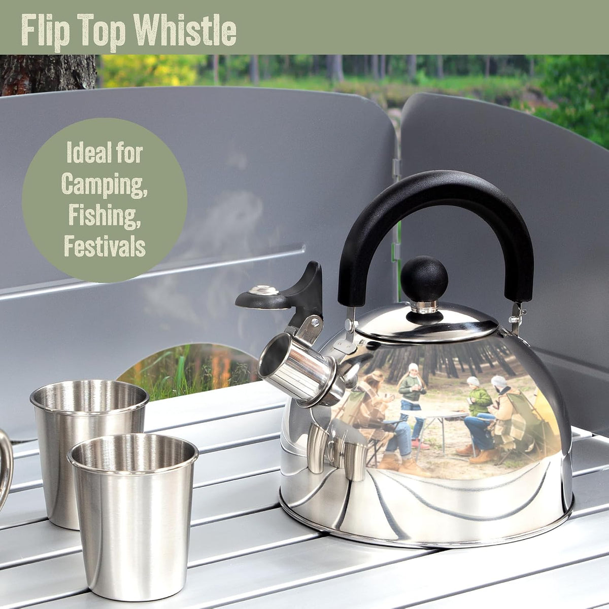 2L Stainless Steel Whistling Camping Kettle – kettle with cups at a campsite