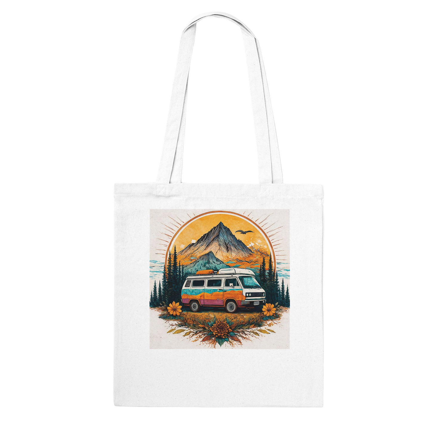 Van life tote bag with camper van, mountain sunset, and wildflowers design for outdoor adventures