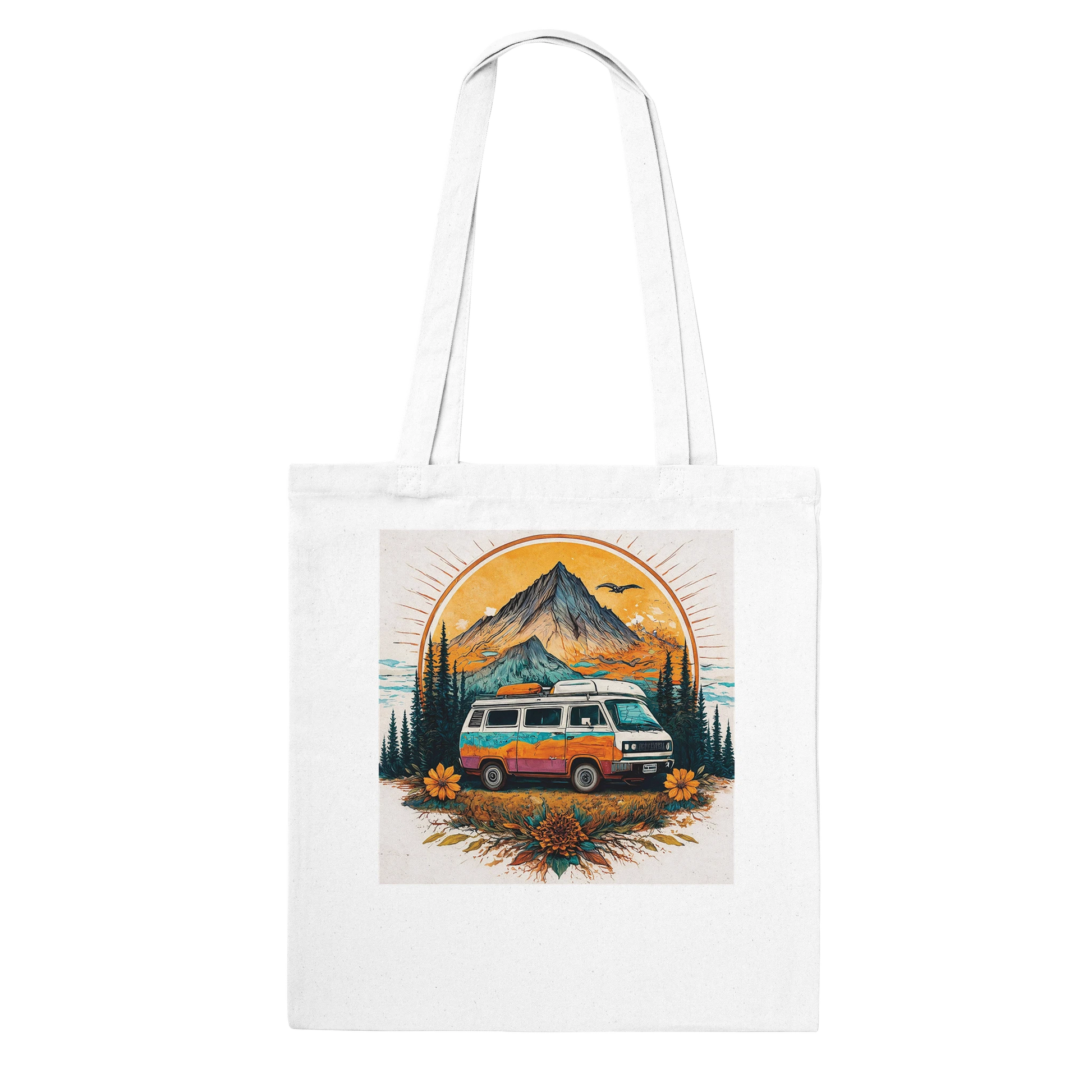 Van life tote bag with camper van, mountain sunset, and wildflowers design for outdoor adventures