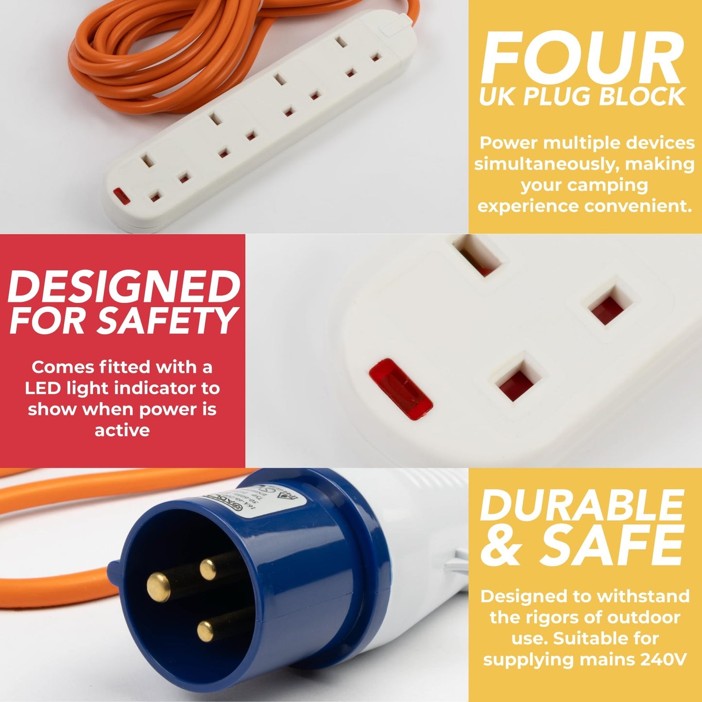 4-way UK plug block power strip with LED indicator, durable for van life & camping, 240V mains safe