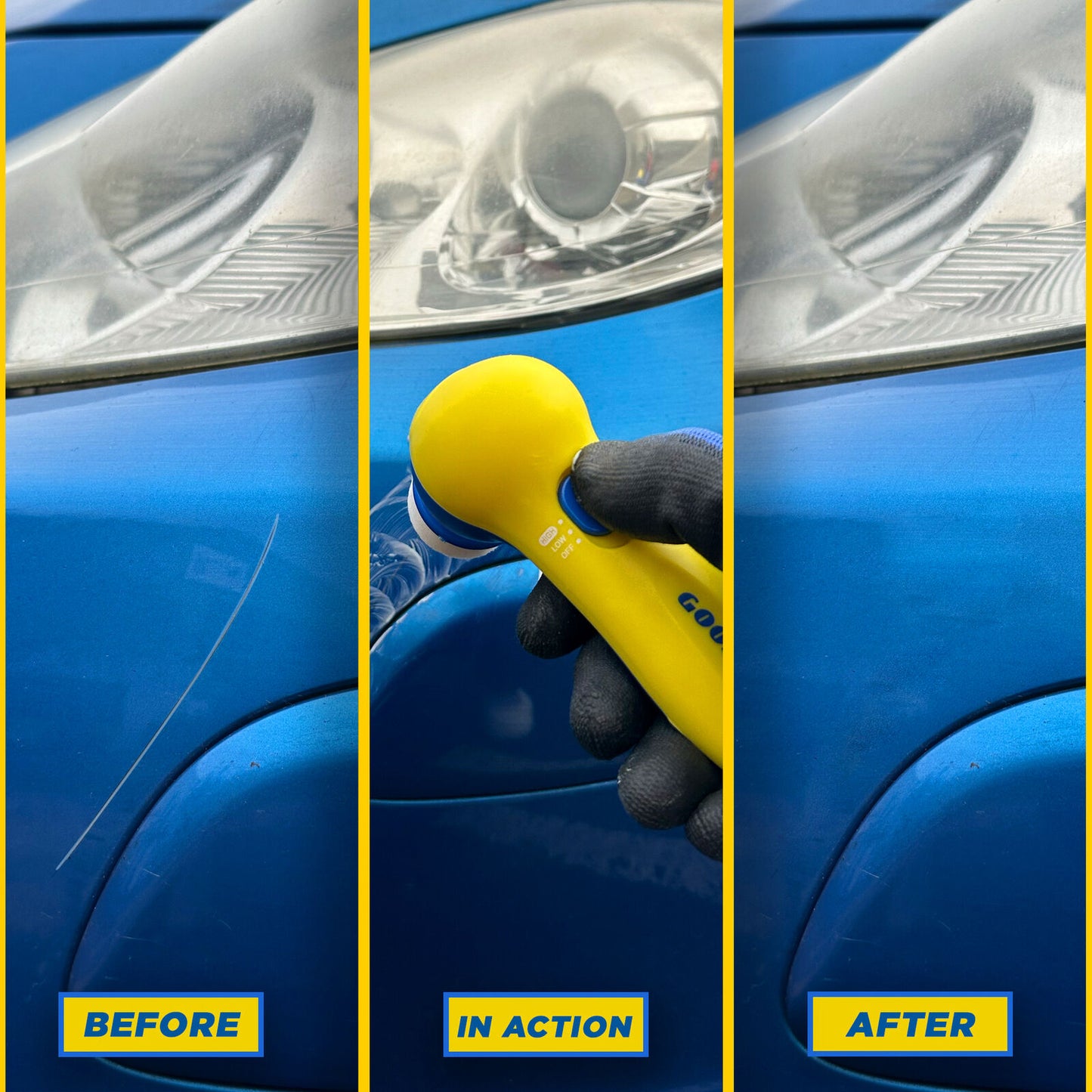 Before, during, and after using a yellow handheld polisher on a blue van’s headlight and paint scratch