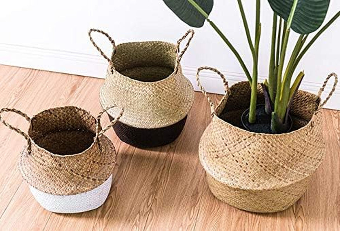 Seagrass Belly Basket Natural Woven Plant Pot Foldable with Handles for Storage Laundry Blankets Toys (Natural + Black)