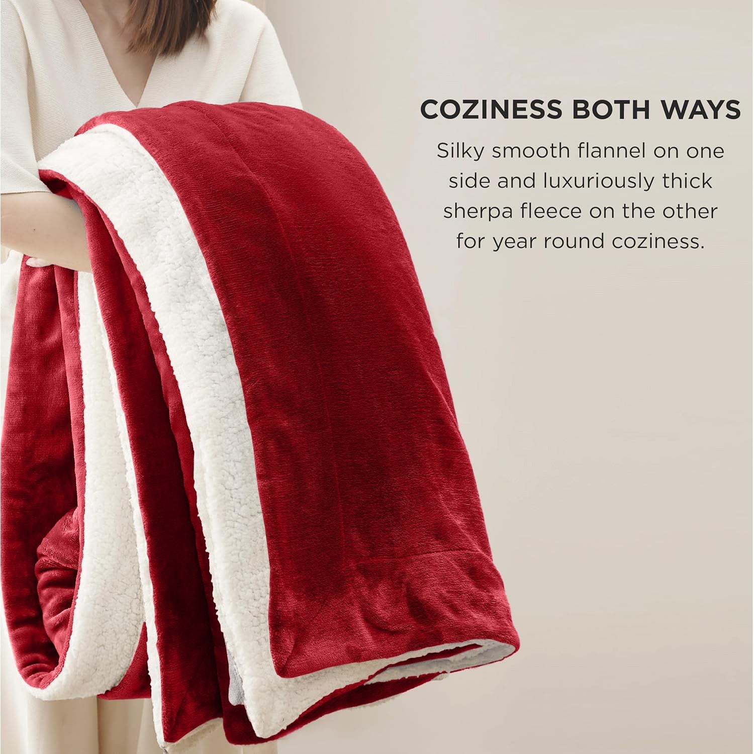 Red and white reversible flannel and sherpa fleece blanket for van life comfort