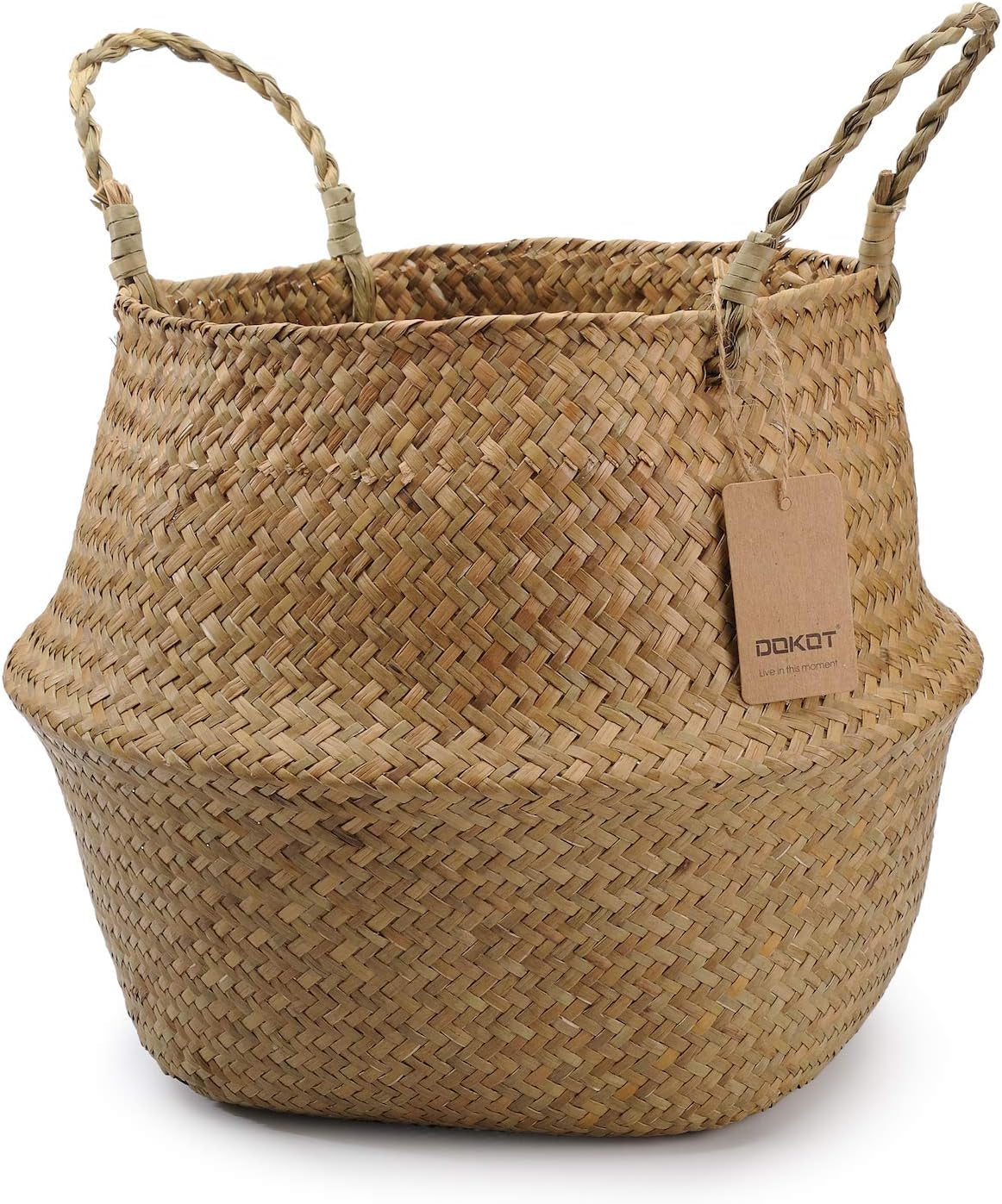 Natural Seagrass Belly Basket with Handles, Large Storage Laundry Basket (Natural)