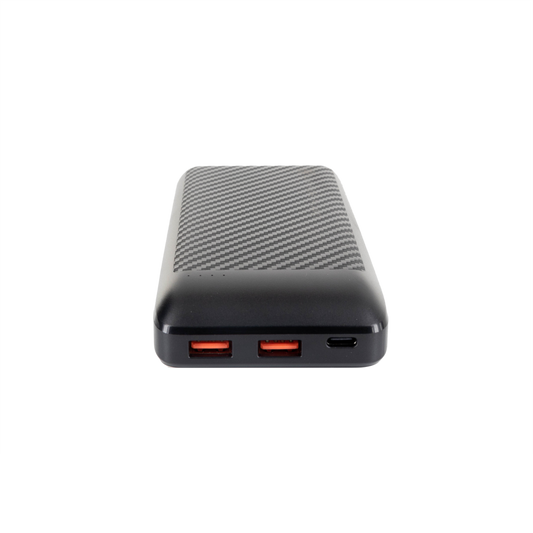 Portable power bank with carbon fiber design, dual USB ports for van life and outdoor adventures