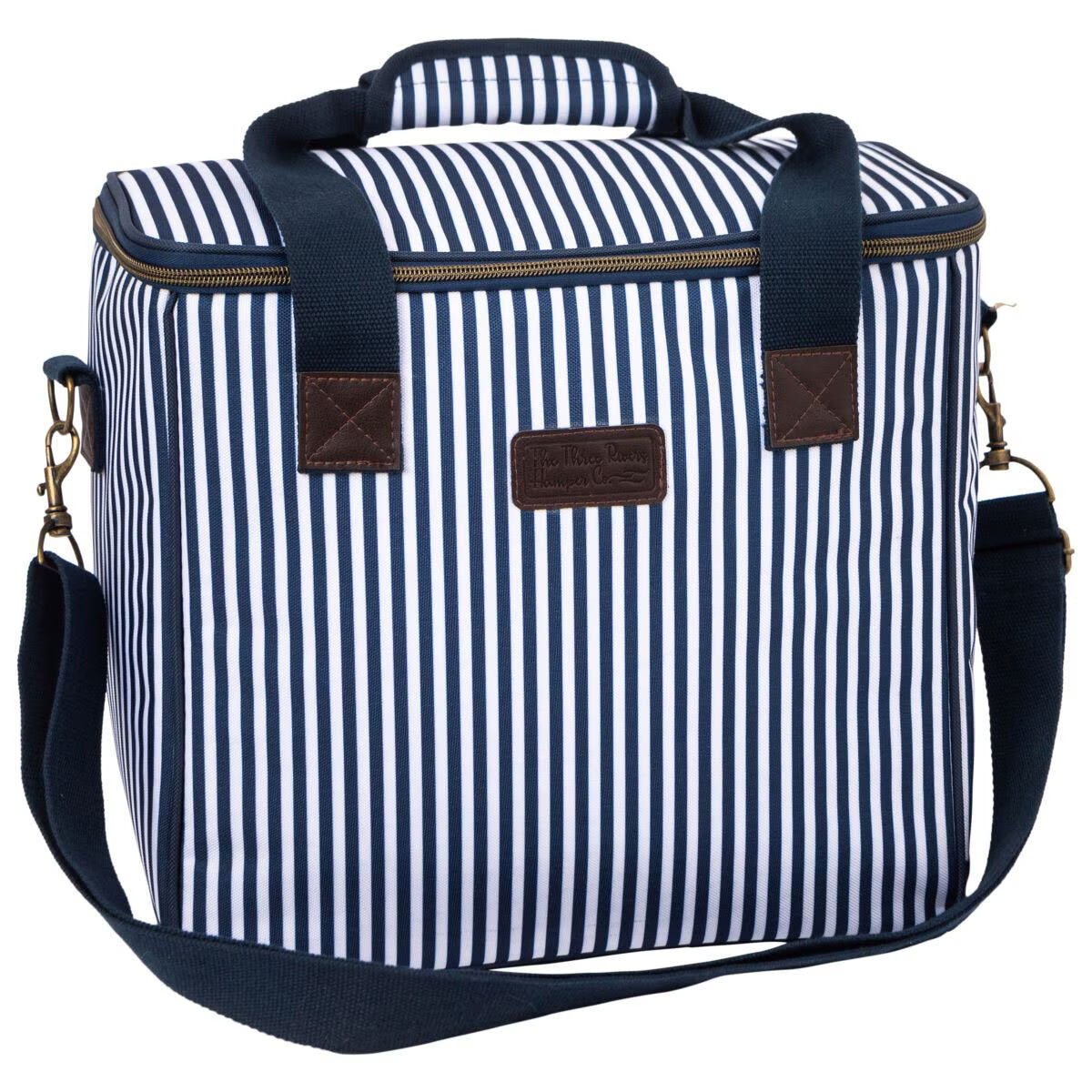 Navy and white striped insulated cooler bag with shoulder strap, perfect for van life adventures and outdoor picnics.