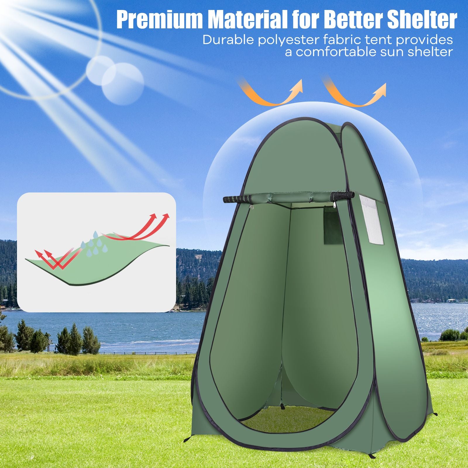 Green pop-up privacy tent for camping, van life, or outdoor adventures, featuring sun shelter and waterproof material
