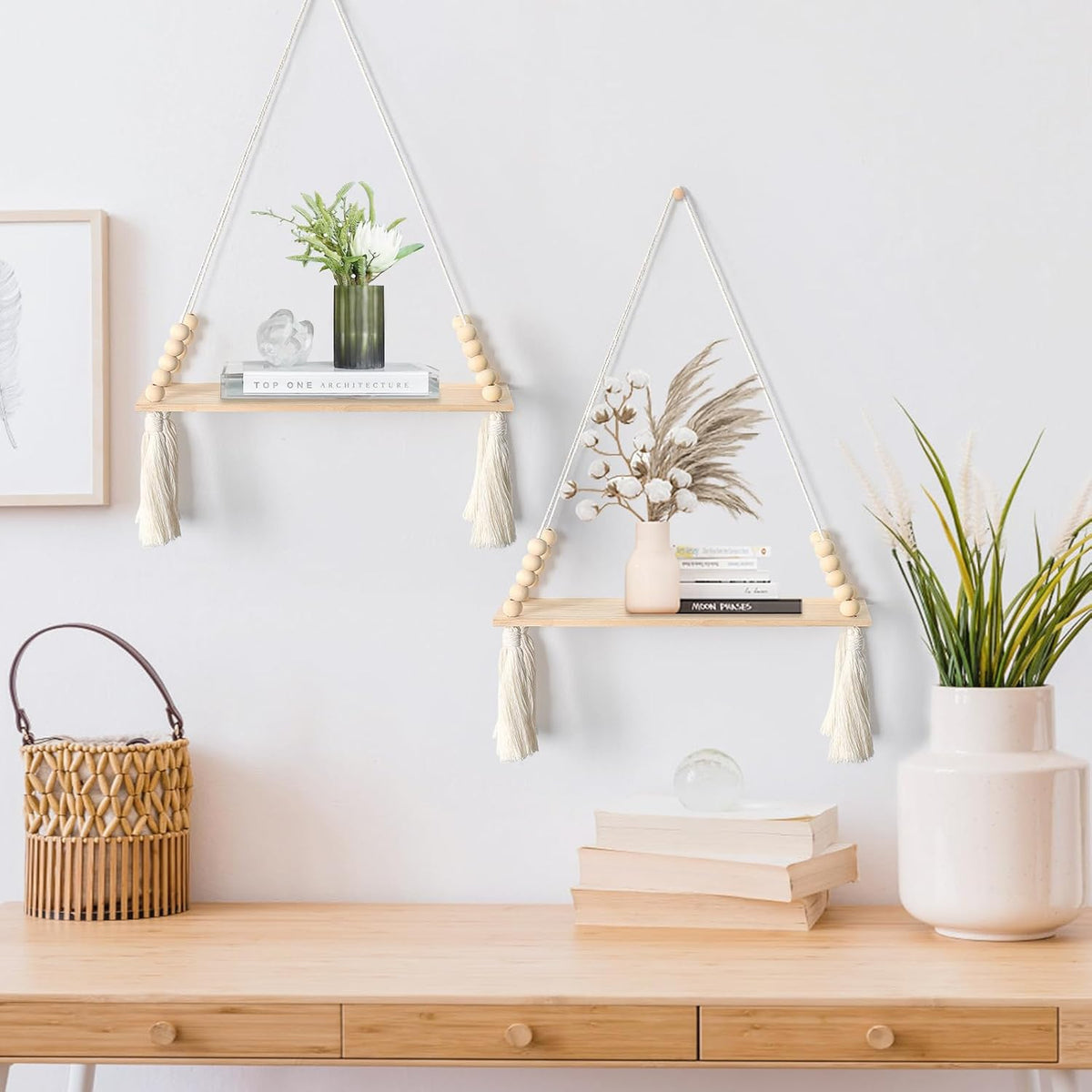Macrame Hanging Shelves Set of 2 Boho Wood Floating Storage Shelf