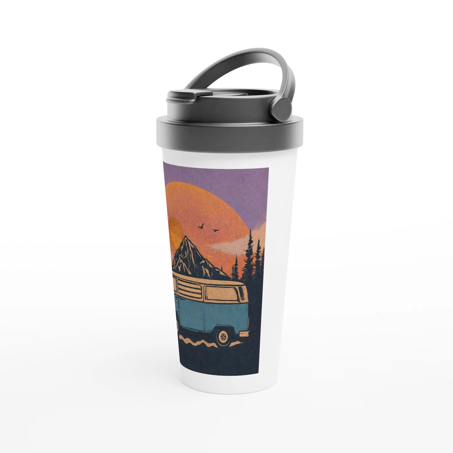 Van life travel mug with mountain sunset design, perfect for campers and road trip adventures.