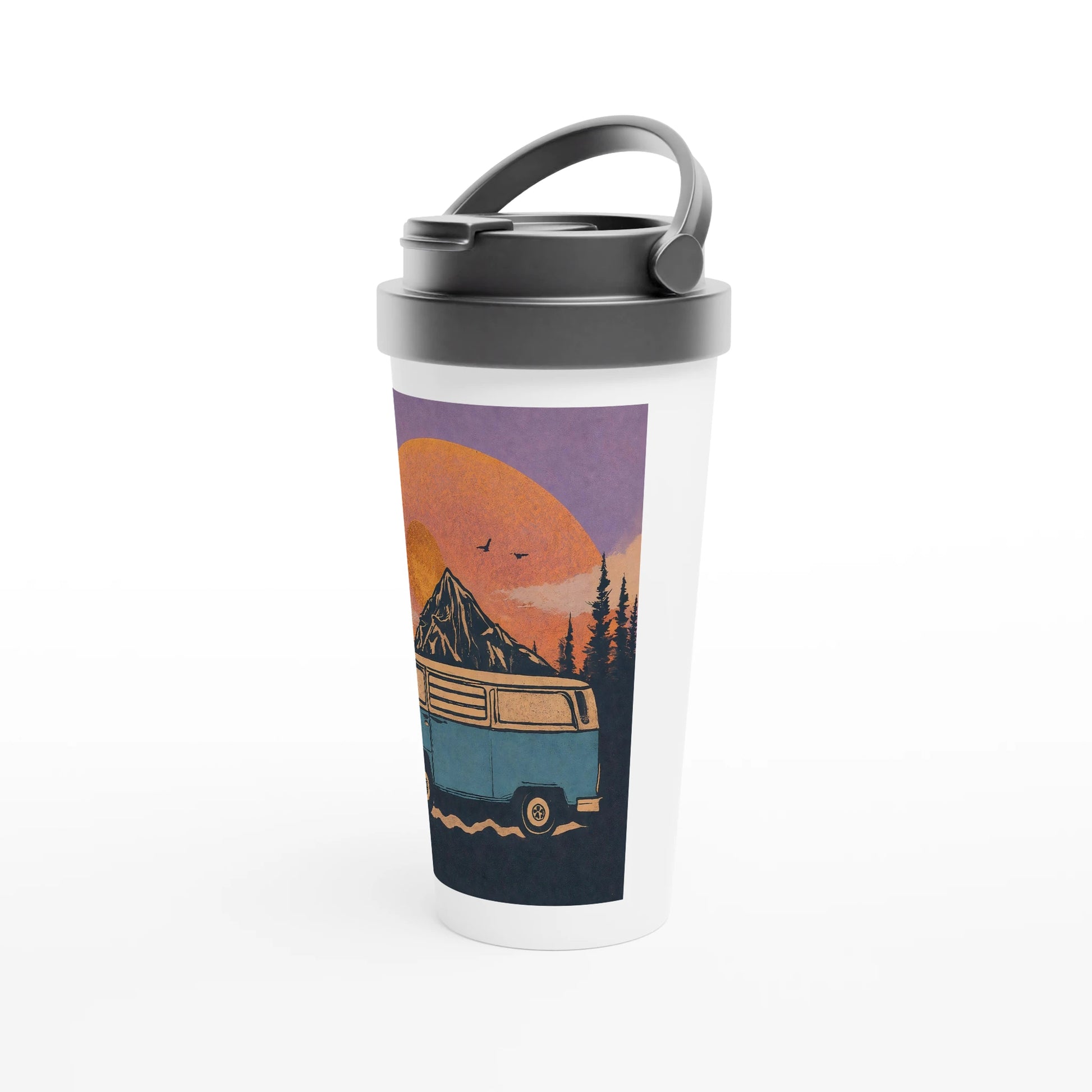 Van life travel mug with mountain sunset design, perfect for campers and road trip adventures.
