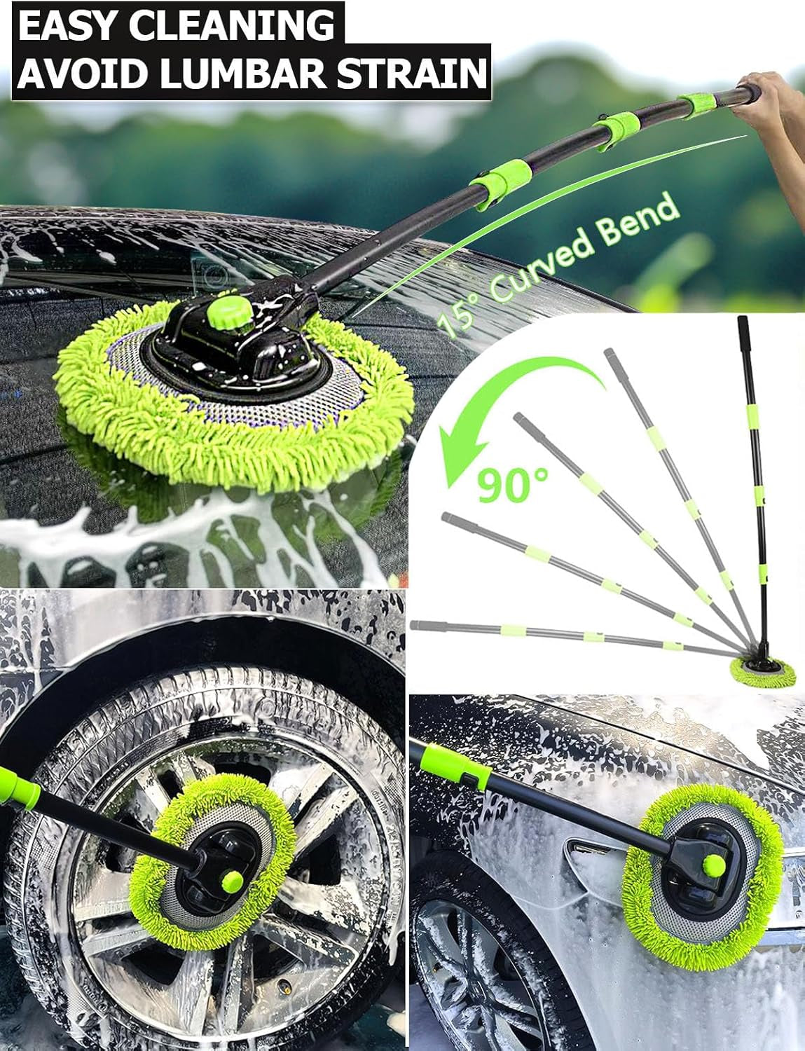 4 Sections 15°Car Wash Brush 51.6” 131Cm with Telescopic Aluminum Alloy Long Handle Denser Chenille Microfiber Detail Washing Mop for Exterior Interior Car RV SUV Truck Boat Solar Panel House Clean
