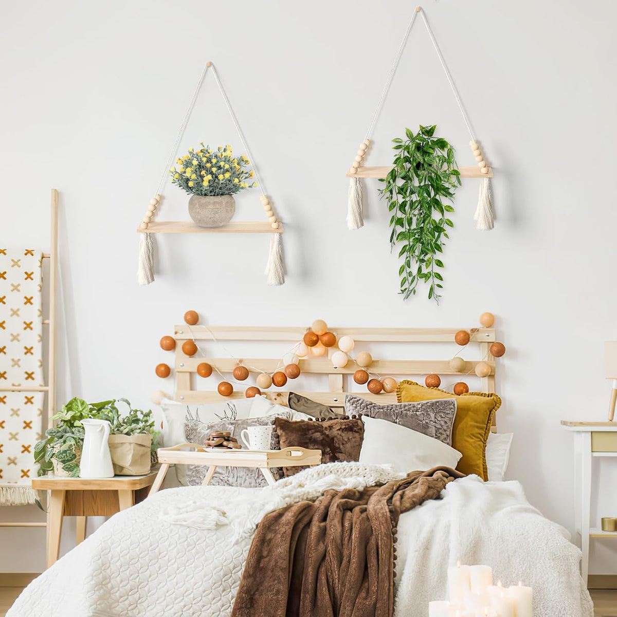 Macrame Hanging Shelves Set of 2 Boho Wood Floating Storage Shelf