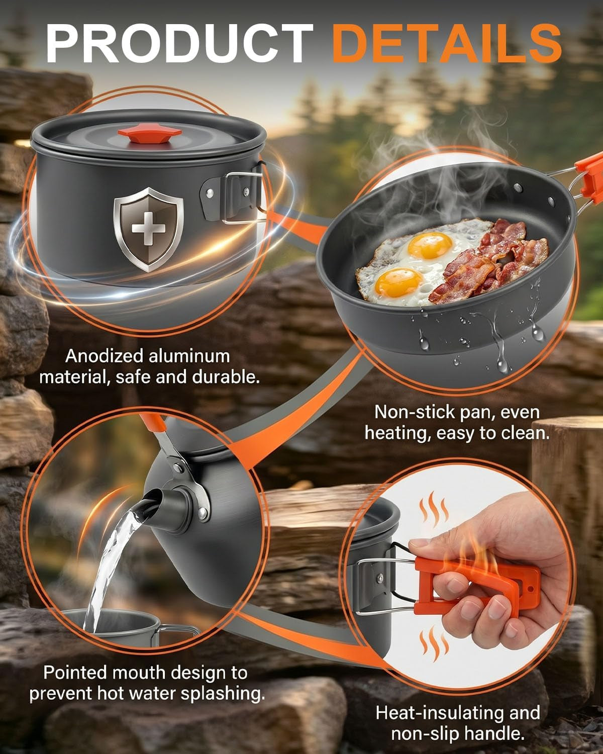 17-Piece Camping Cookware Set for 2–3 People – pot and pan shown cooking outdoors