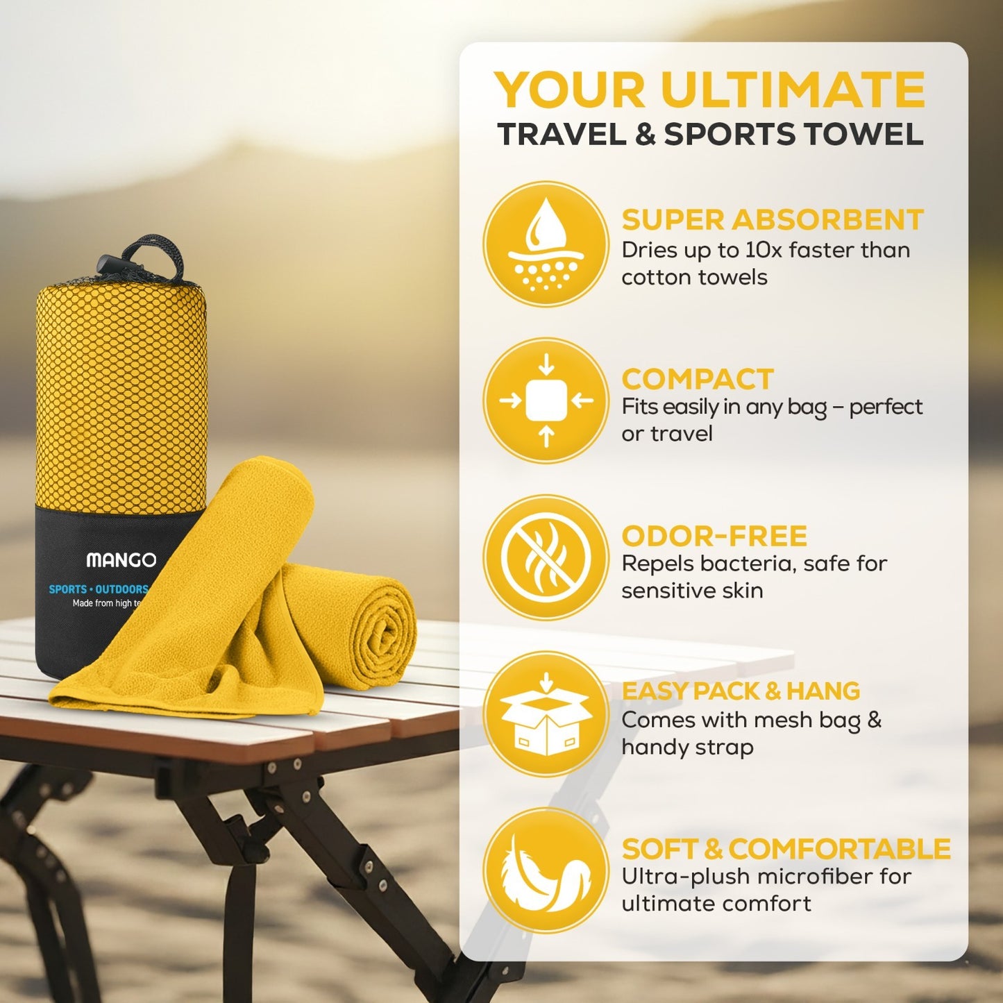 Yellow compact travel towel for van life, camping, and sports — super absorbent, odor-free, soft microfiber with mesh bag
