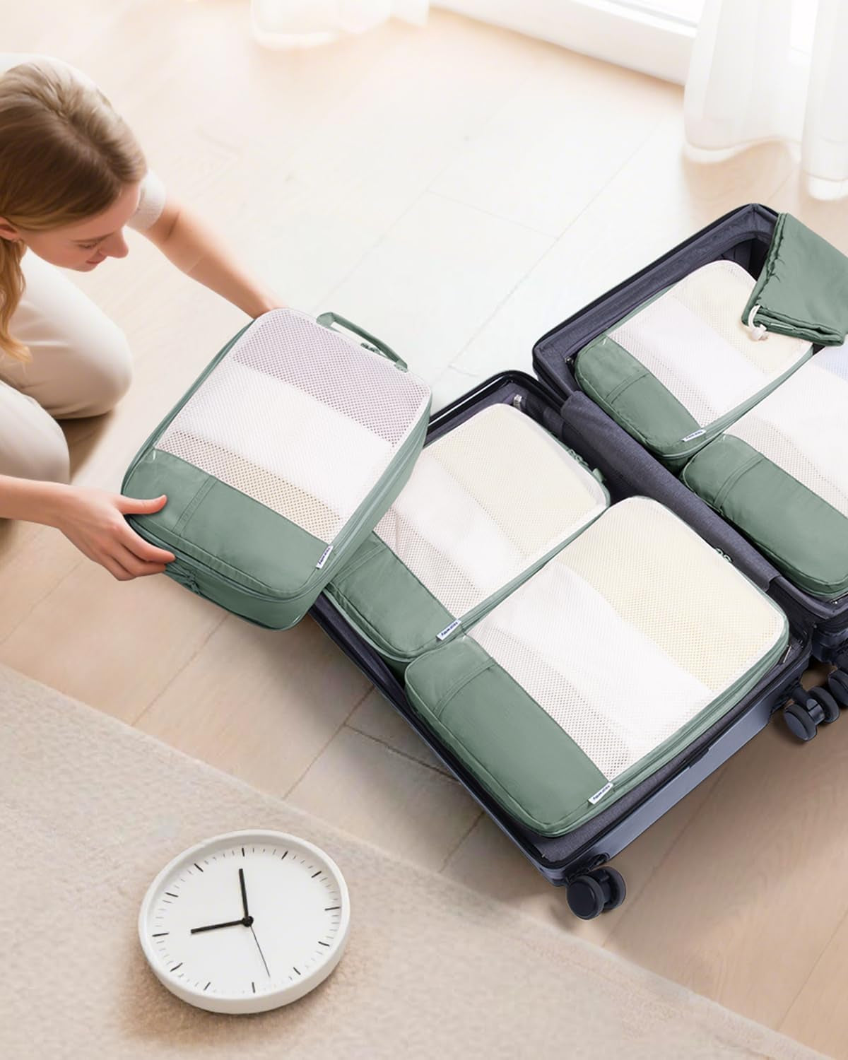 Sage Green Compression Packing Cubes – Set of 6 – packing cubes in an open suitcase