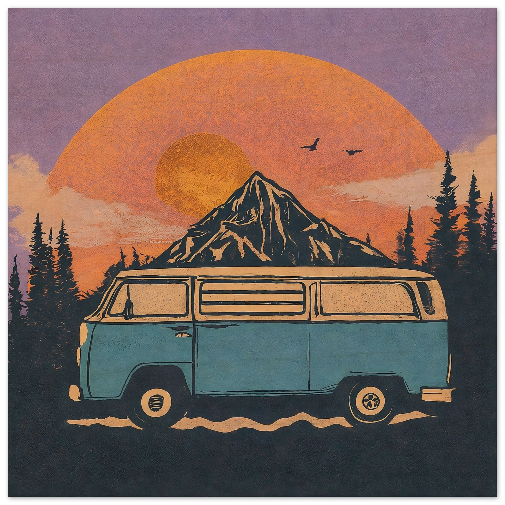 Vintage van life art print with mountain sunset, perfect for camper van decor and outdoor adventure lovers.