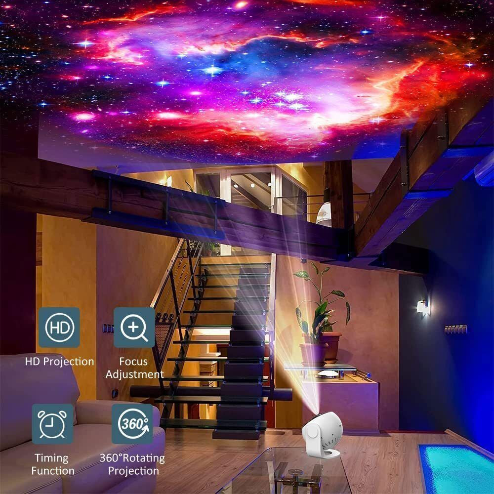 Galaxy projector casting vibrant nebula & stars on ceiling, ideal for van life ambiance with 360° rotation & timer