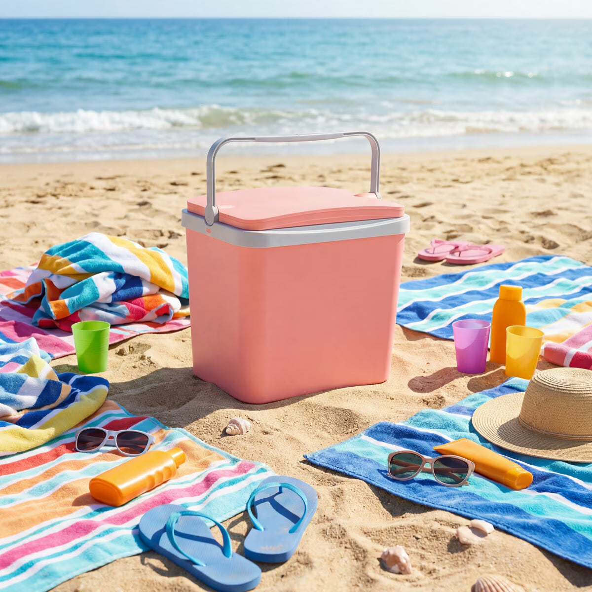 Pink beach cooler with towels, flip flops, and sunglasses on sandy shore near ocean waves
