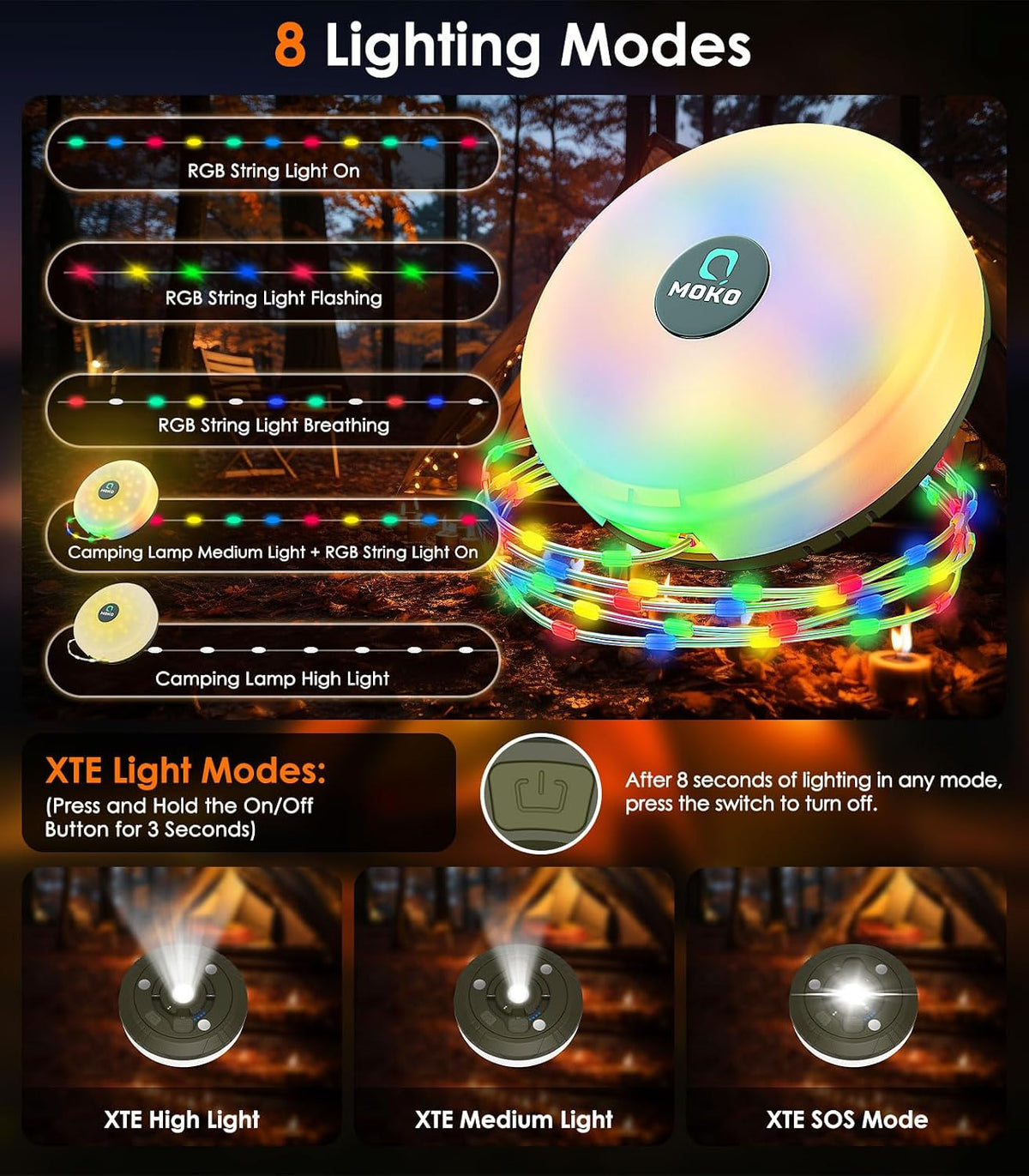 Camping String Light 32.8Ft, 4-In-1 Rechargeable LED Fairy Lights with 8 Modes & Power Bank, Waterproof Retractable Portable Light for Outdoor Garden Camping BBQ Christmas Decoration