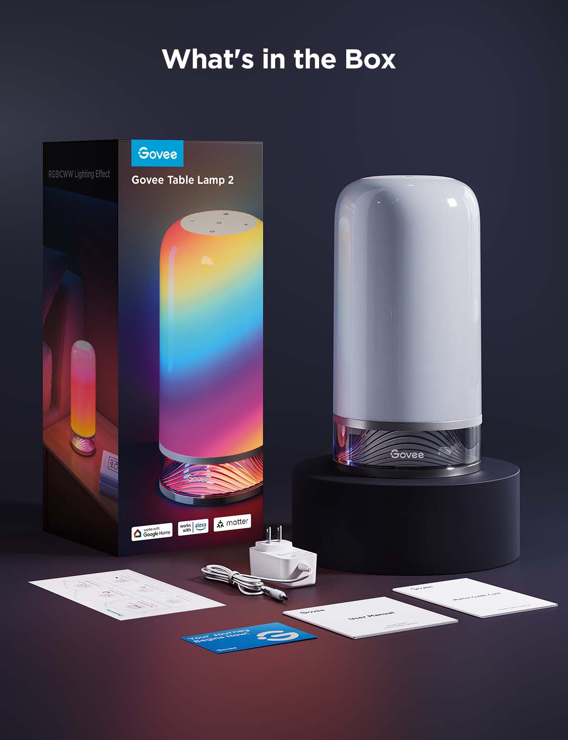 Govee Table Lamp 2 with RGBICWW lighting, charger, manual, and smart home compatibility for van life ambiance