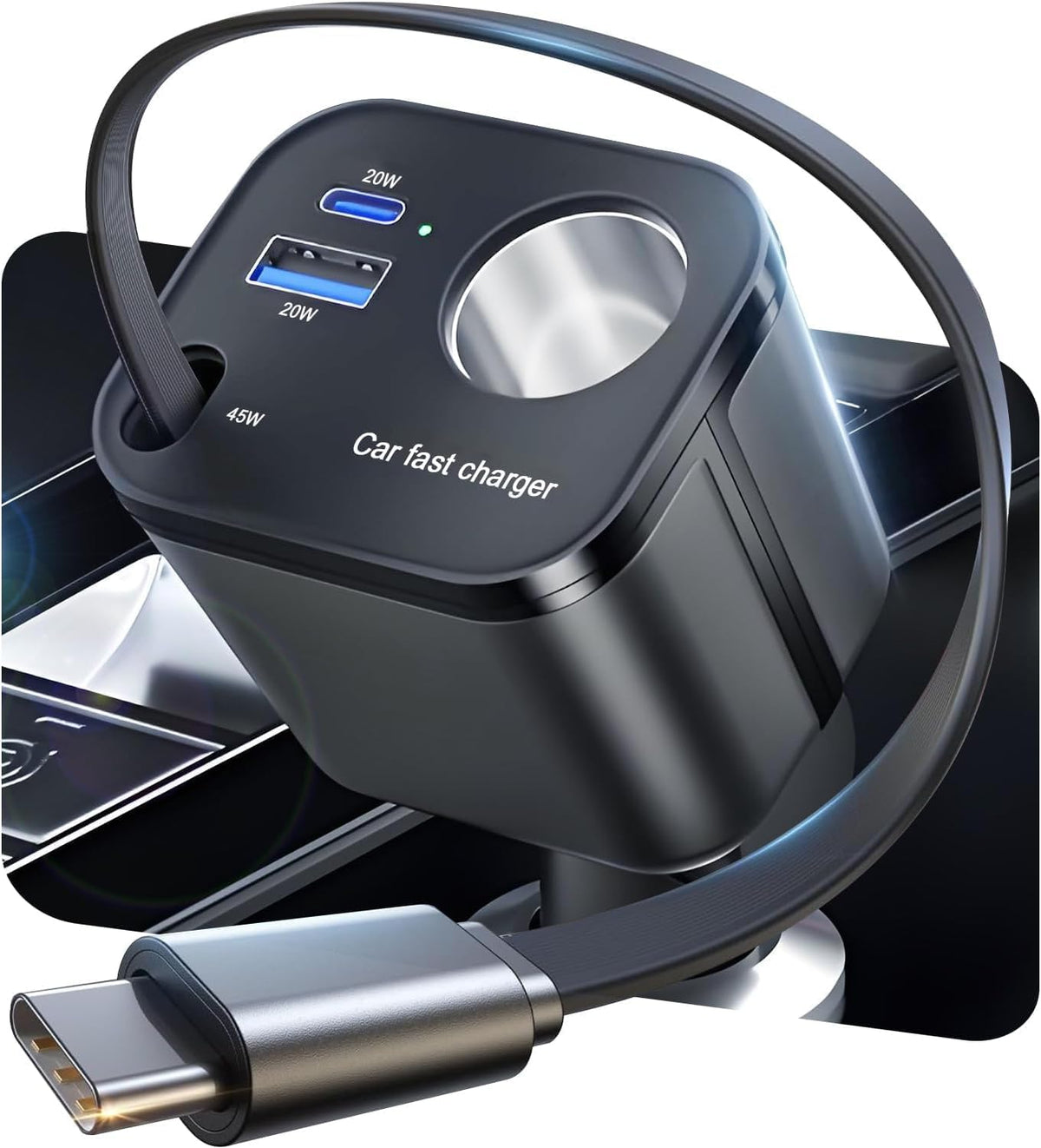 4-in-1 Retractable USB-C Car Charger – retractable charger beside a vehicle console