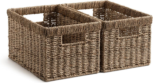 Rectangular Seagrass Shelf Baskets – Set of 2 – two rectangular baskets on white