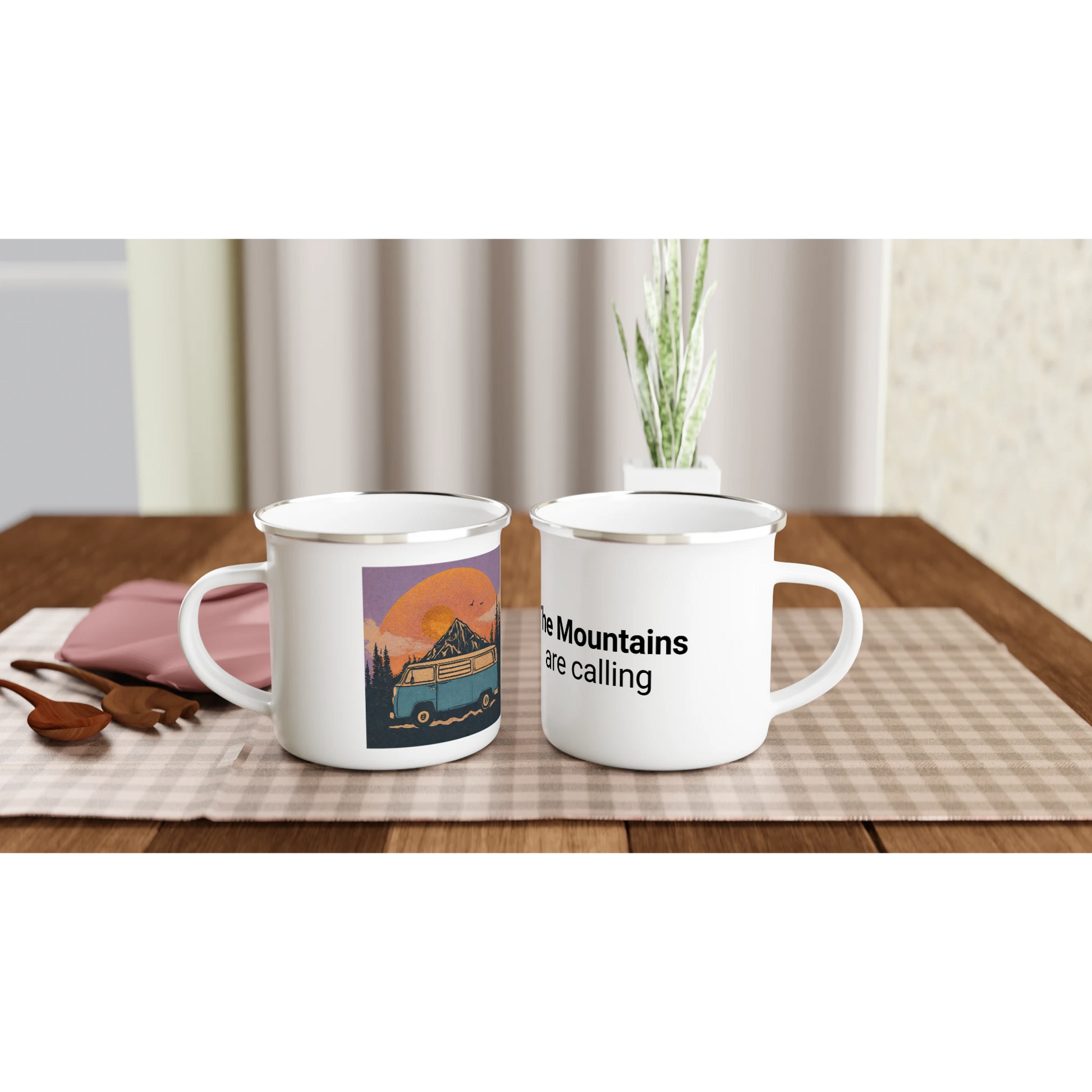 Van life enamel mugs with mountain sunset design and 'The Mountains are calling' quote, perfect for campers and adventurers.