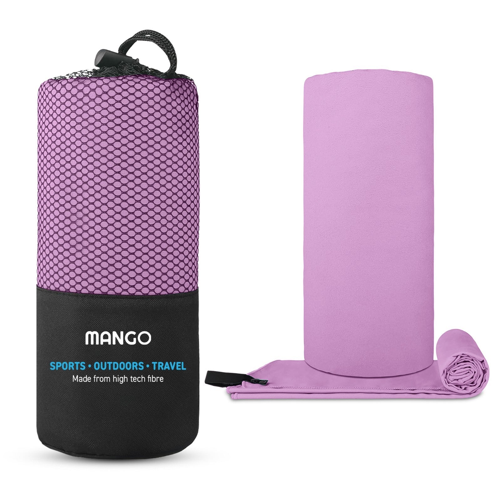 Compact purple travel towel for van life, outdoors, and sports — lightweight, quick-dry, rolled with carry pouch