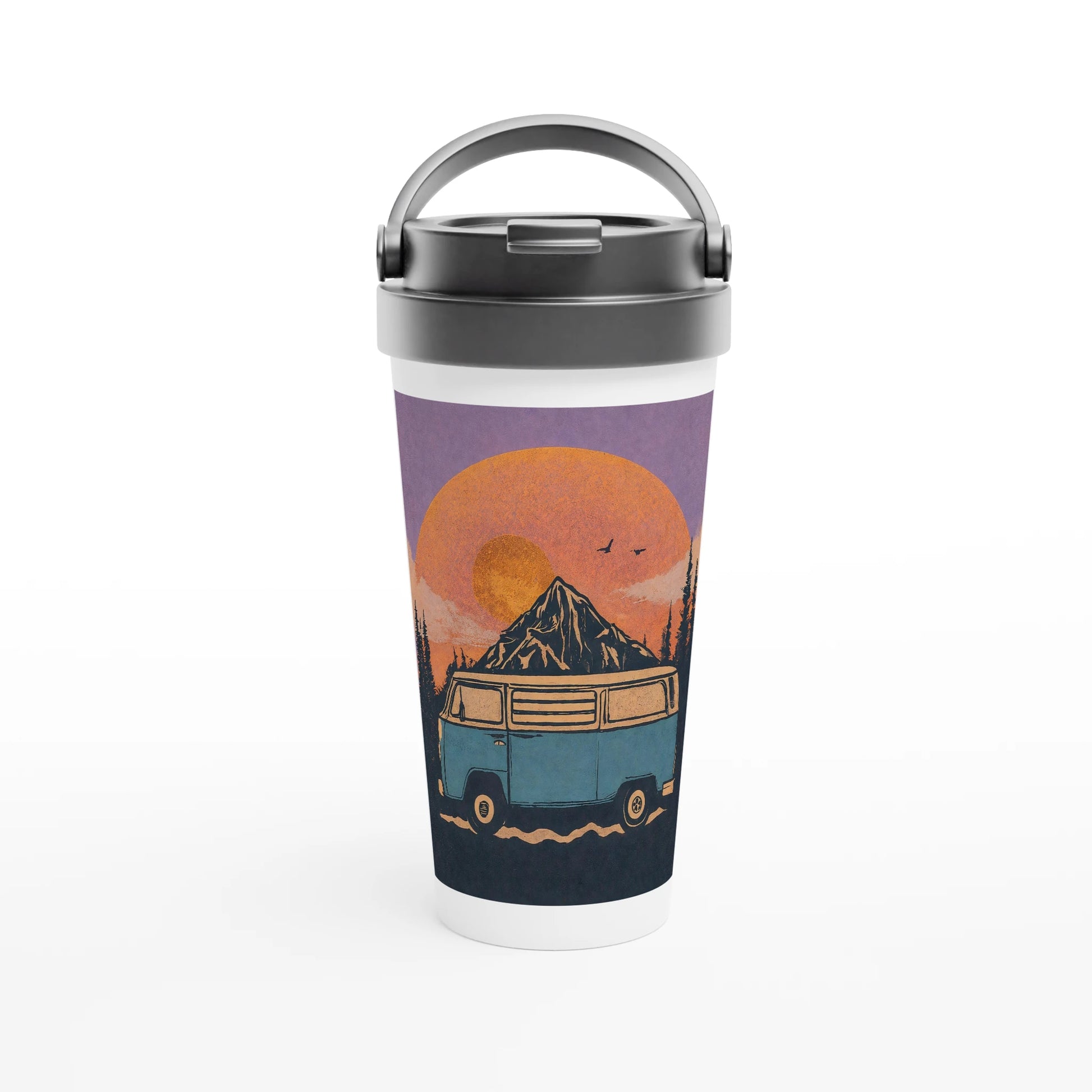 Van life travel mug with mountain sunset design, perfect for campers and adventurers on the go.