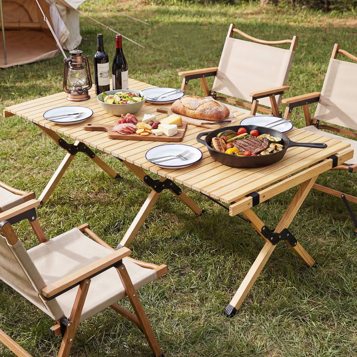 Pine Wood Roll-Up Camping Table with Carry Bag – table and chairs at a campsite