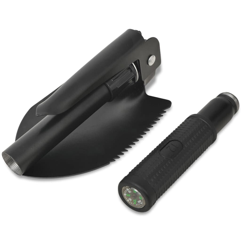 Compact black folding shovel with compass handle, ideal for van life and outdoor adventures