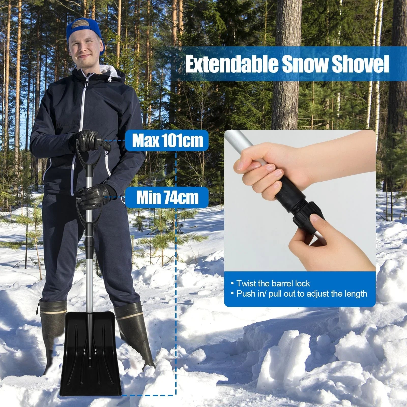 Extendable snow shovel for van life, adjustable 74-101cm, perfect for winter camping and outdoor adventures