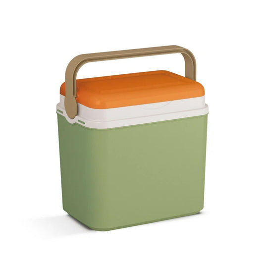 Compact green and orange portable cooler for van life adventures and outdoor trips