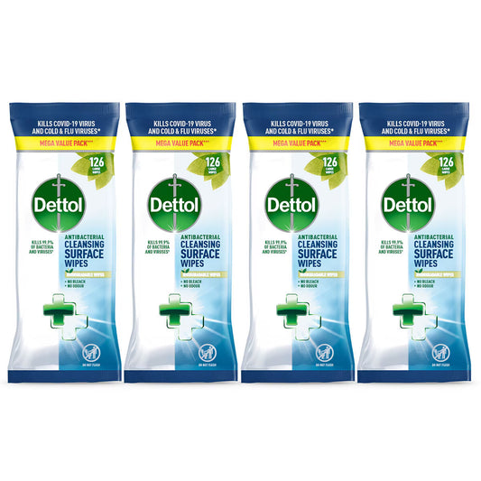 Dettol antibacterial surface wipes, 126 large wipes per pack, kills 99.9% of viruses & bacteria, no bleach, no odour