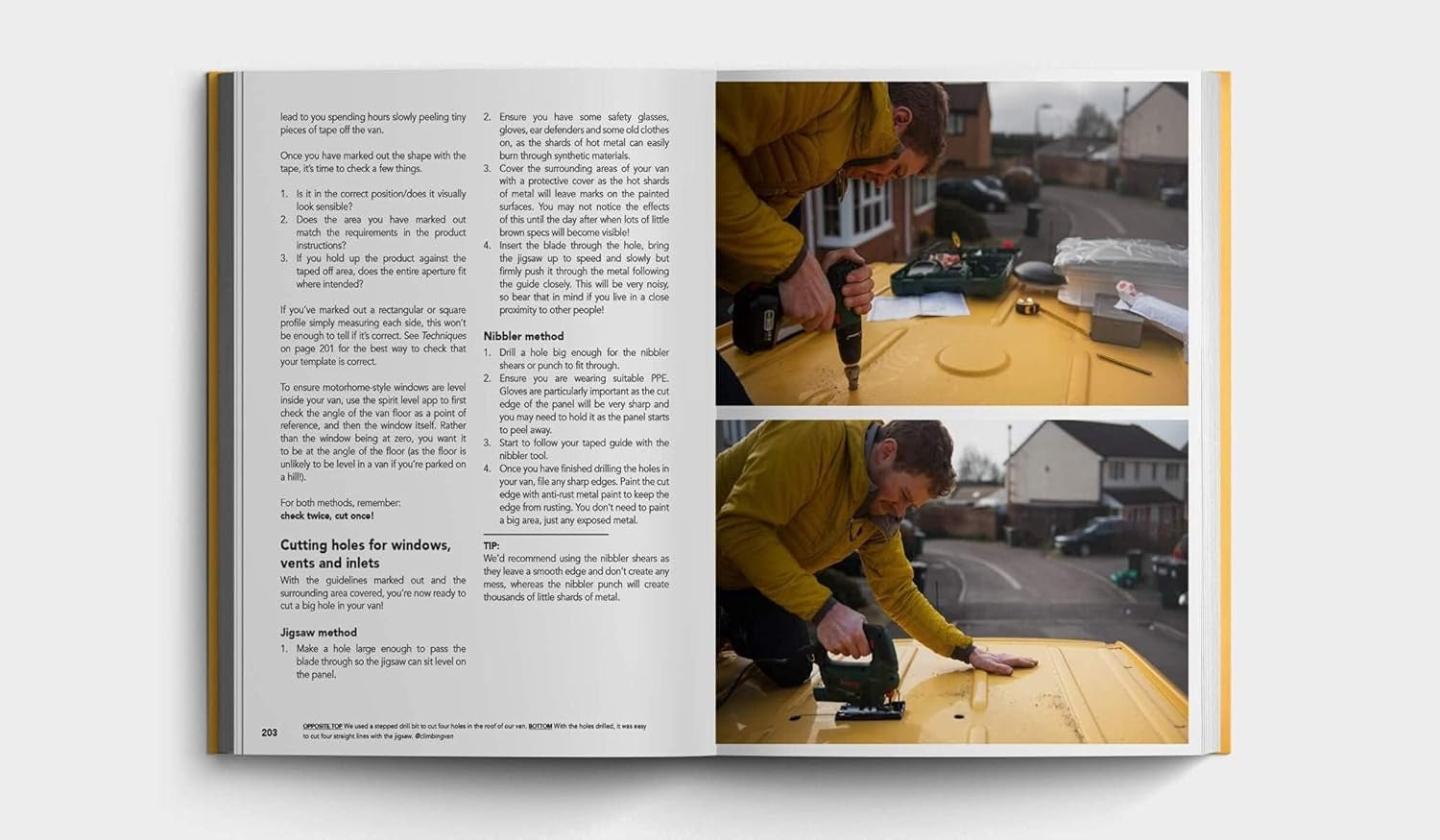 Van life DIY guide: cutting holes in camper van roof with jigsaw and nibbler tools for windows or vents