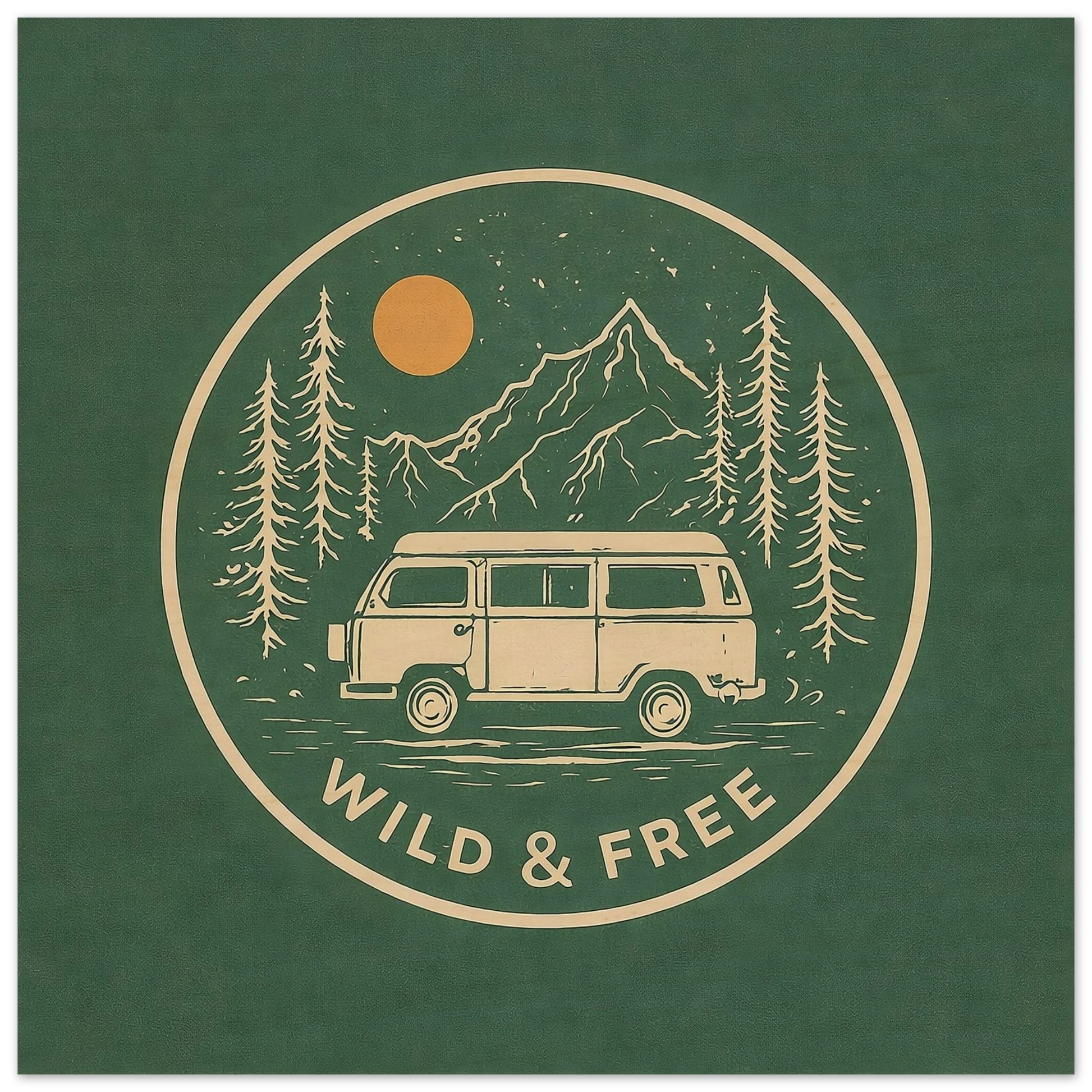 Van life art print with camper van, mountains, trees, and 'Wild & Free' text for adventure lovers