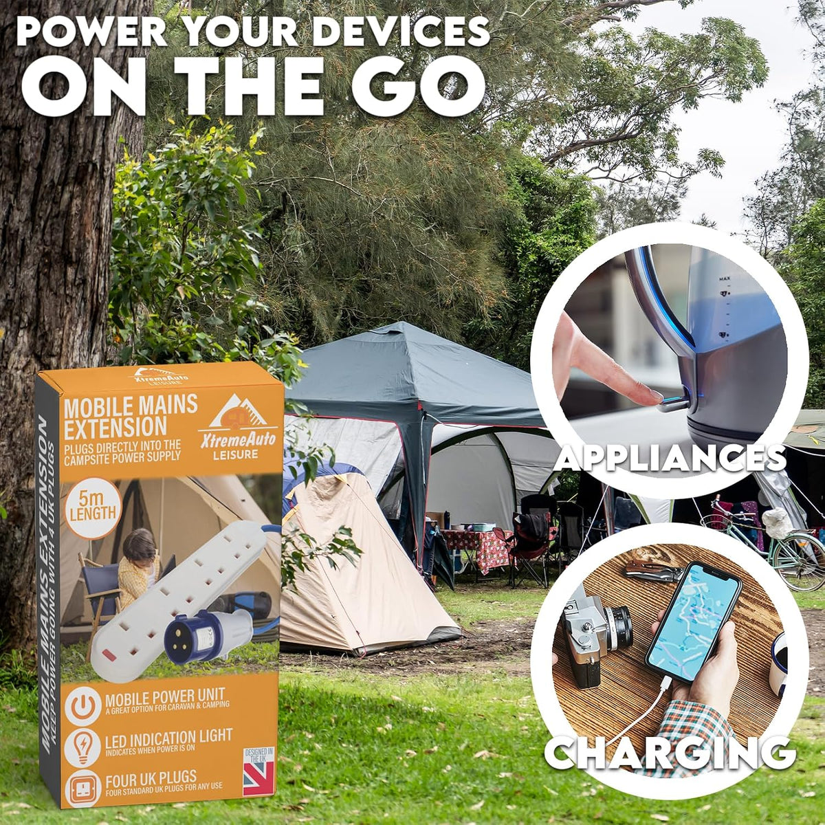 Camping Electric Hook up Cable Extension Lead - 4 Gang Power Hookup Sockets, Perfect Accessory for Caravan, Tent & Motorhome Mains Power Lead EHU Cable (10M)