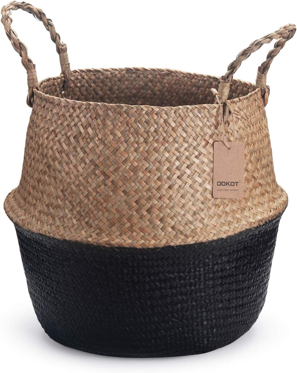 Seagrass Belly Basket Natural Woven Plant Pot Foldable with Handles for Storage Laundry Blankets Toys (Natural + Black)