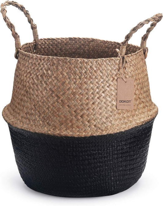 Seagrass Belly Basket Natural Woven Plant Pot Foldable with Handles for Storage Laundry Blankets Toys (Natural + Black)