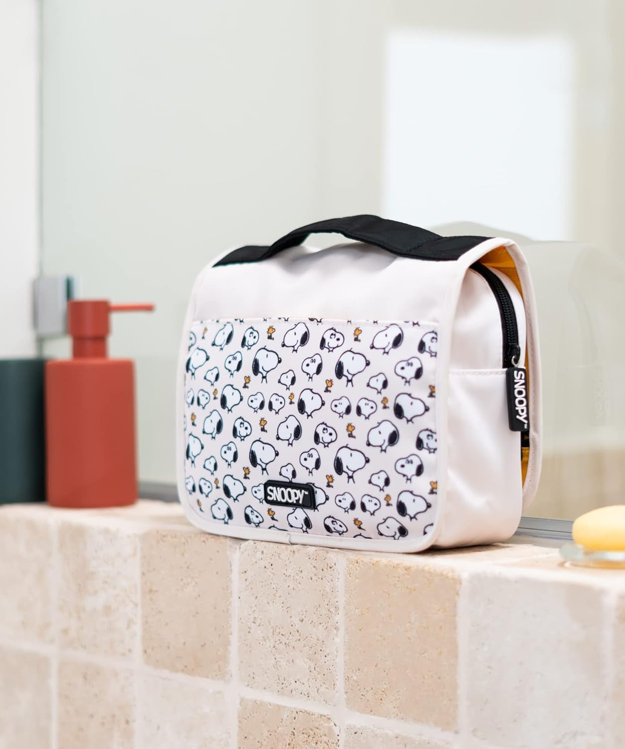 Snoopy print toiletry bag for van life adventures, compact travel essentials organizer