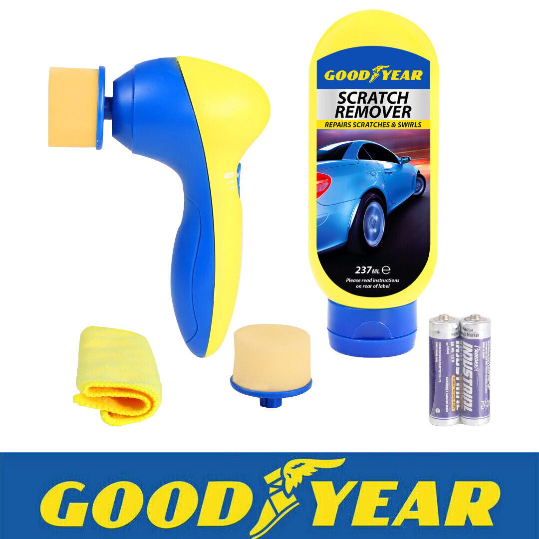 Goodyear scratch remover kit with electric polisher, repair gel, sponge, cloth, and batteries for car paint care
