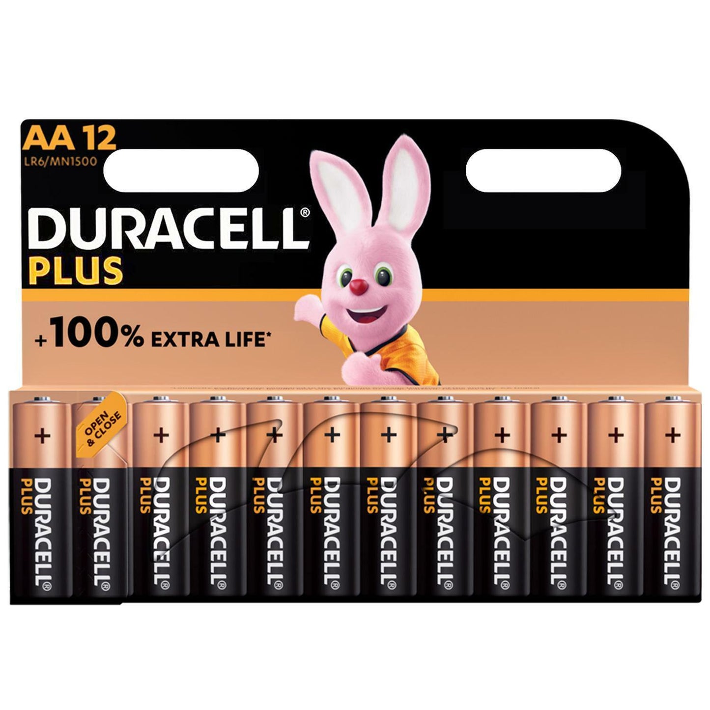 Duracell Plus AA batteries 12-pack with pink bunny mascot, ideal for van life gear and outdoor adventures