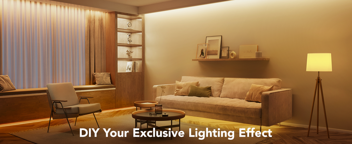 Cozy living room with warm ambient lighting, sofa, armchair, and floor lamp for van life interior design