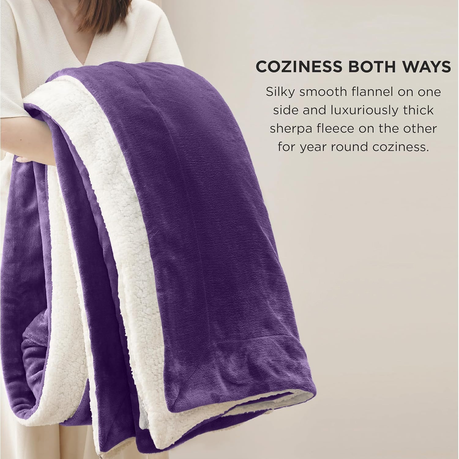 Purple and cream reversible sherpa fleece blanket for van life cozy comfort