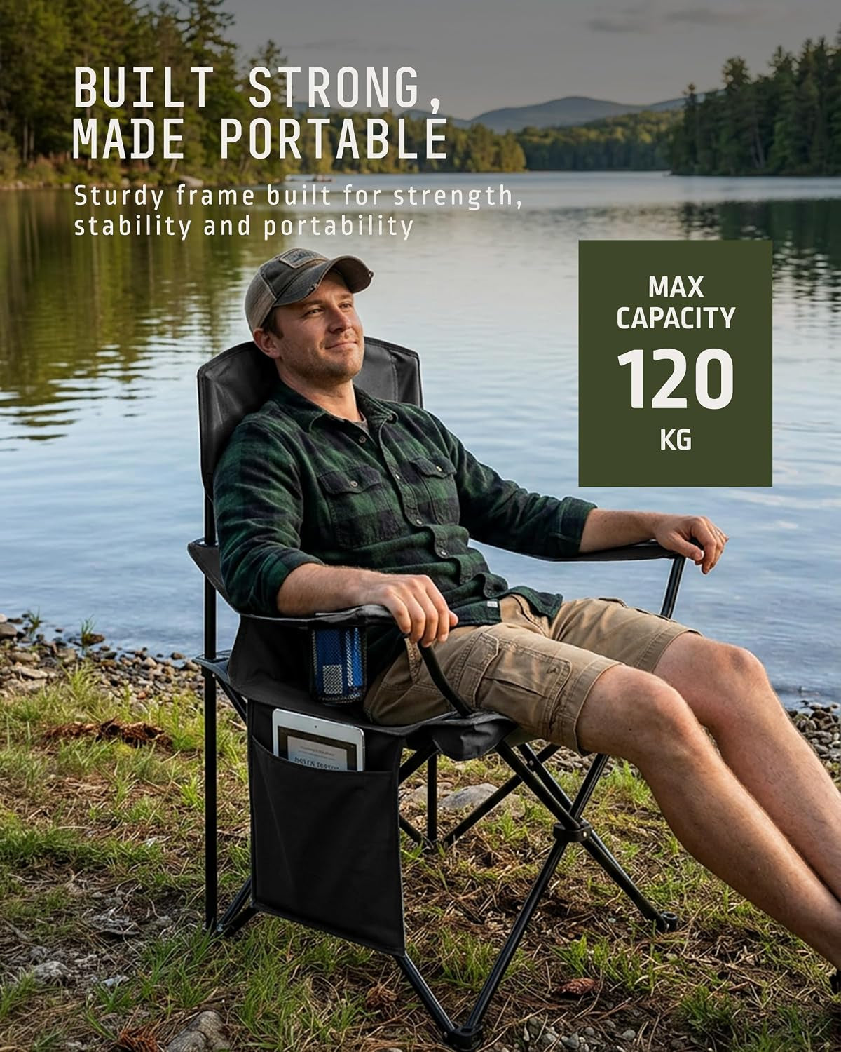 Folding Camping Chair 2-Pack, Lightweight with Pocket and Drinks Holder, Holds up to 120Kg Each, Easy to Transport, Foldable Outdoor Chair Set -Black